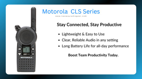 Image of the Motorola CLS1110 two-way radio featuring a lightweight and durable design. Highlights include clear, reliable audio, long battery life, and easy-to-use functionality, ideal for boosting team productivity.