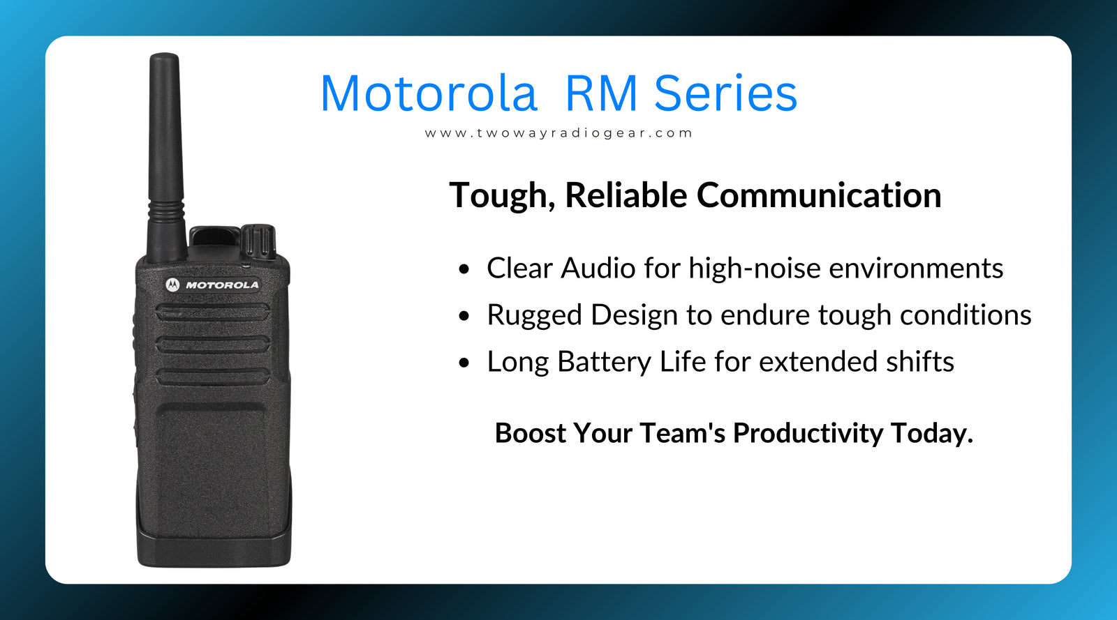 Motorola RM Series two-way radio with clear audio, rugged design, and long battery life. Perfect for construction, manufacturing, and retail.