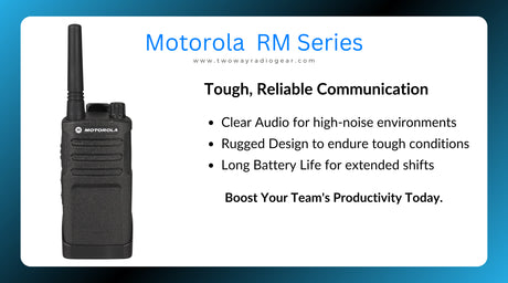 Motorola RM Series two-way radio with clear audio, rugged design, and long battery life. Perfect for construction, manufacturing, and retail.