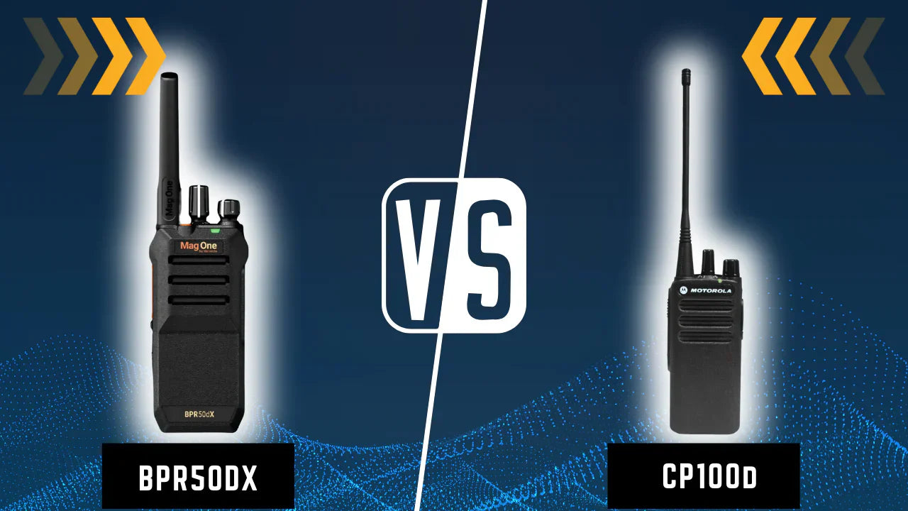 Side-by-side comparison of the Motorola BPR50dX and CP100d two-way radios, highlighting their design differences and suitability for various professional environments.