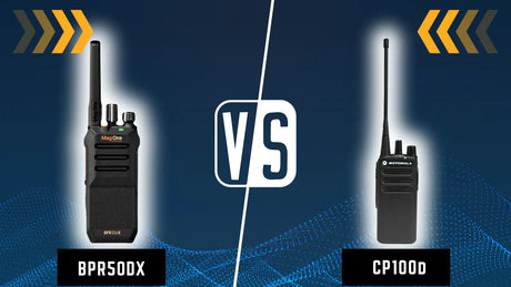 Side-by-side comparison of the Motorola BPR50dX and CP100d two-way radios, highlighting their design differences and suitability for various professional environments.