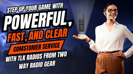 Smiling businesswoman with headset presenting Motorola TLK two-way radio, highlighting fast and powerful customer service solutions from Two Way Radio Gear.