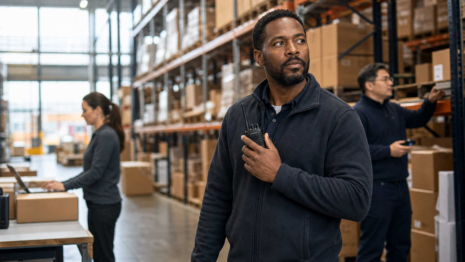 Warehouse operations supervisor using a professional two-way radio while coordinating a team