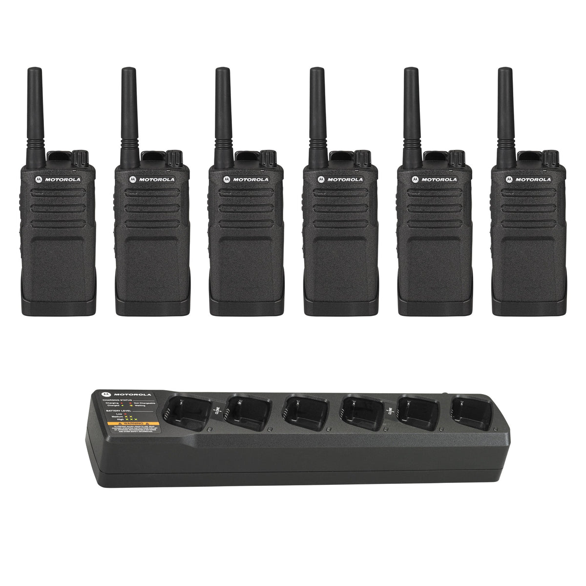 Six Motorola RMU2040 two-way radios with a multi-unit charger