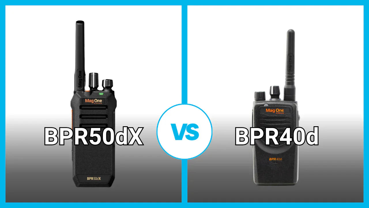 Motorola BPR50dx vs BPR40d comparison image for business two-way radios used in construction, logistics, and security industries