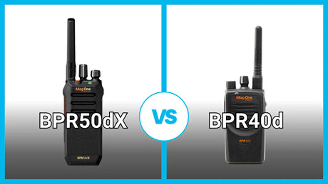 Motorola BPR50dx vs BPR40d comparison image for business two-way radios used in construction, logistics, and security industries