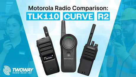 Side-by-side comparison of Motorola TLK110, CURVE, and R2 two-way radios with background showing retail and construction professionals using communication devices.