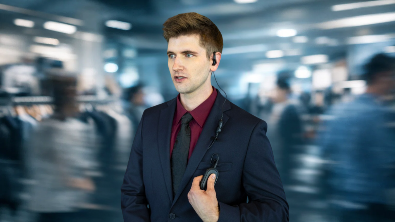 A calm retail manager standing in a chaotic store, using the Motorola TLK 25 wearable radio to maintain operational silence and reduce staff burnout.
