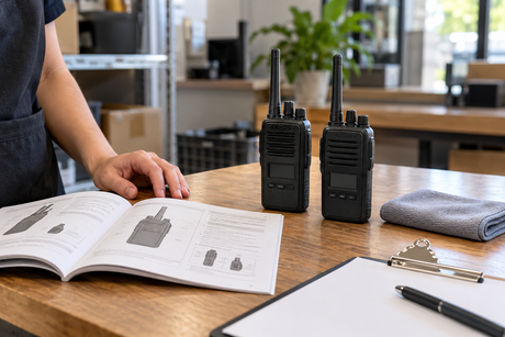 Two generic handheld radios beside a folded cloth and open manual, with a person checking the equipment-care setup.
