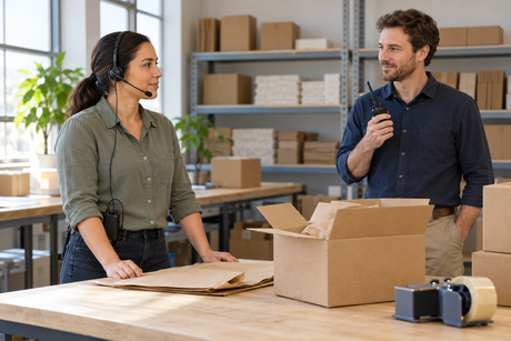 Two adult coworkers at a packing bench, one wearing a wired headset and belt-clipped radio and the other holding a handheld radio.
