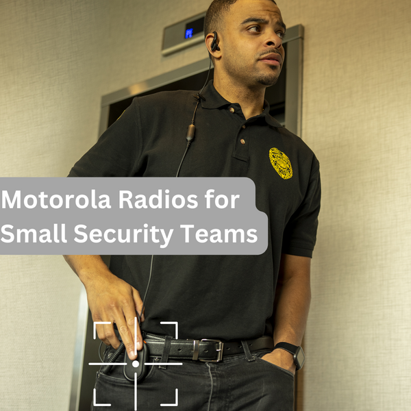 Two Motorola two-way radios (DLR110 and TLK25) side-by-side on a black security guard belt with a silver buckle. Text overlay: 