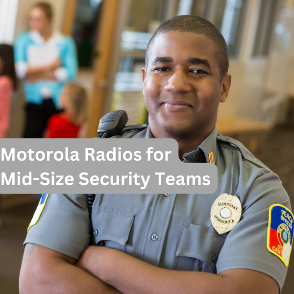 School security guard with a Motorola Two-Way Lapel Microphone. Text overlay: 