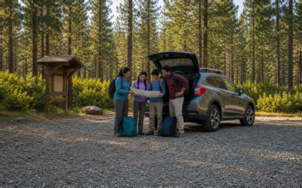 Family checking a trail map beside their vehicle at a United States forest trailhead