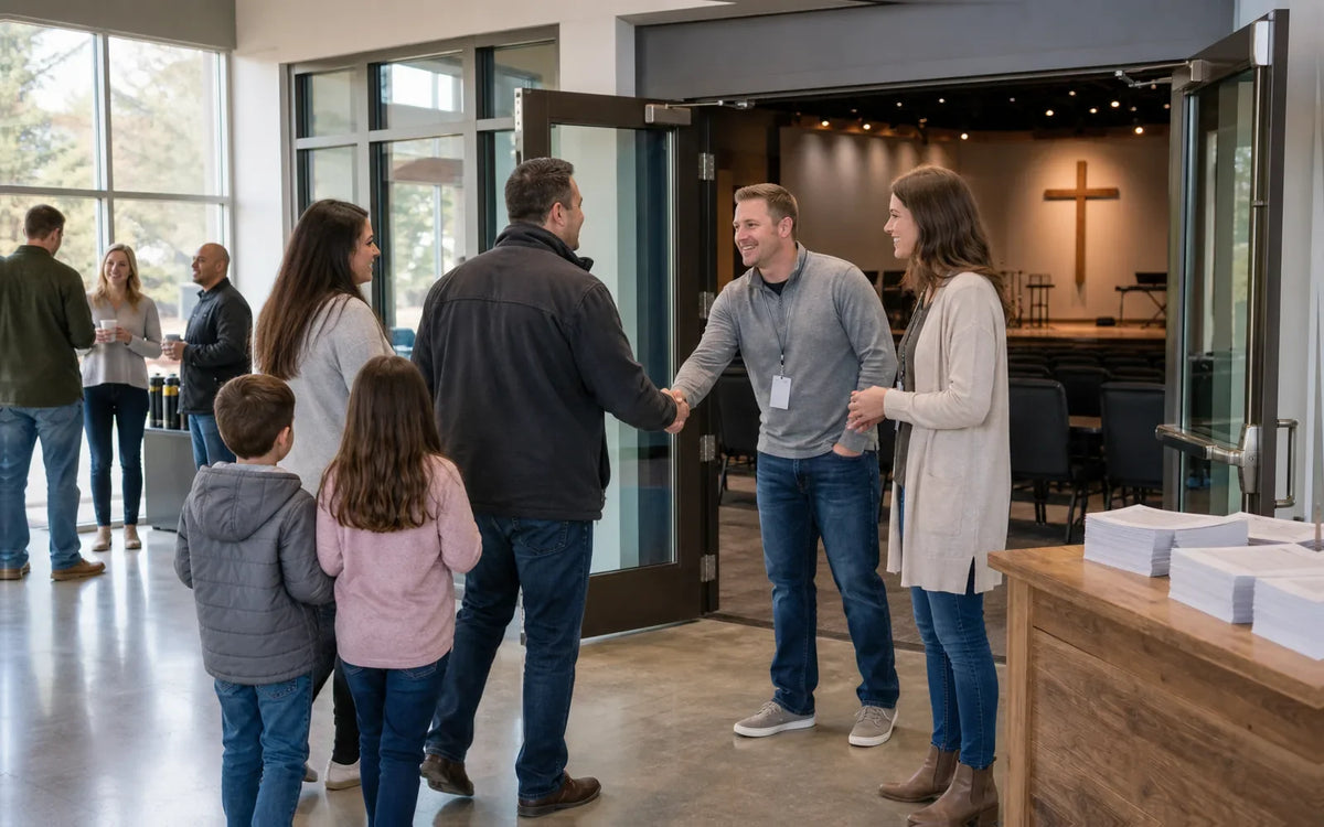 Volunteer greeters welcoming an arriving family beside the auditorium of a modern United States church