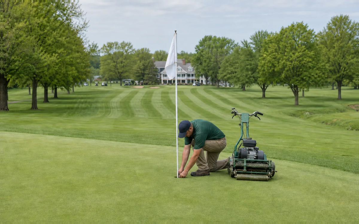 Greenskeeper adjusting a hole cup beside a flagstick and walk-behind mower on a United States golf course