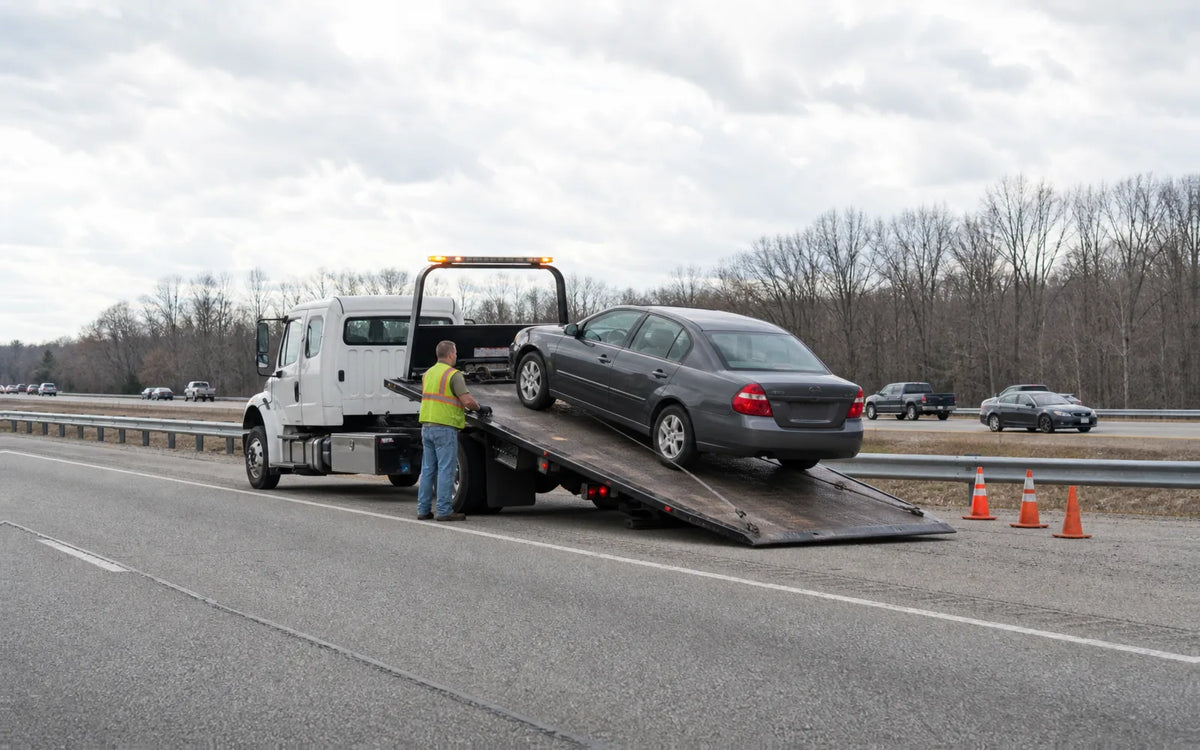 Tow operator loading a sedan onto a flatbed truck on a United States highway shoulder