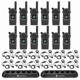 Twelve Motorola CLS1110 radios with twelve HKLN4604 headsets and two six-slot multi-unit chargers