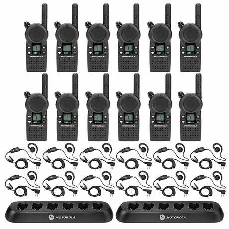 Twelve Motorola CLS1110 radios with twelve HKLN4604 headsets and two six-slot multi-unit chargers