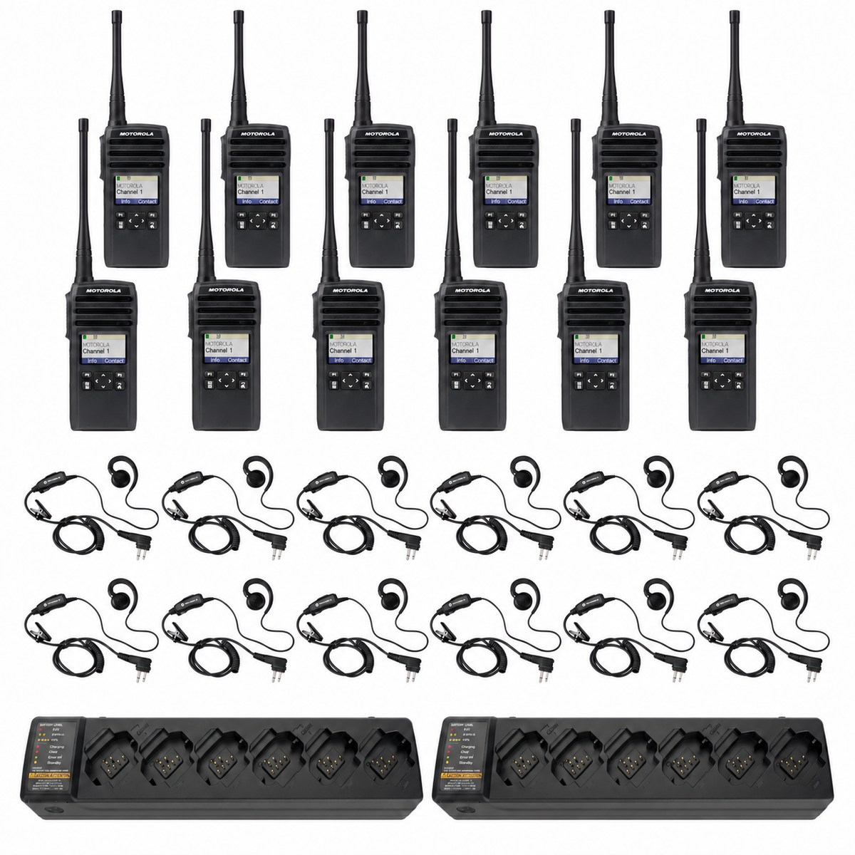 Twelve Motorola DTR700 radios with twelve HKLN4604 headsets and two six-slot PMPN4465 multi-unit chargers
