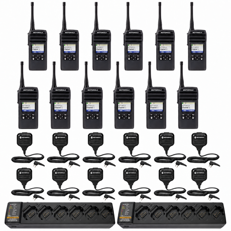 Twelve Motorola DTR700 radios with twelve speaker microphones and two six-slot PMPN4465 multi-unit chargers