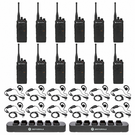 Twelve Motorola RDU4100 radios with twelve HKLN4604 headsets and two six-slot RLN6309 multi-unit chargers