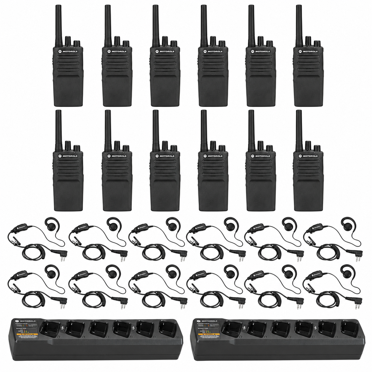 Motorola RMV2080 12 Pack with Multi Unit Chargers and Headsets with all included audio accessories shown