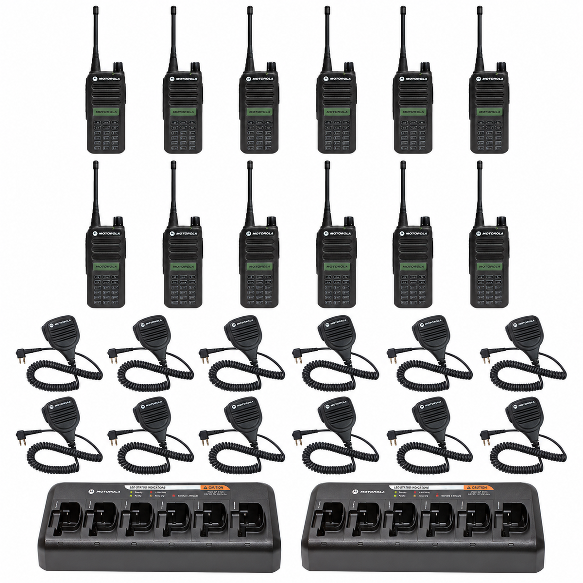 Motorola CP100d 12-Pack Full Keypad Display Radios with Speaker Microphones & Multi-Unit Charger with all included audio accessories shown