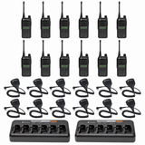 Motorola CP100d 12-Pack Full Keypad Display Radios with Speaker Microphones & Multi-Unit Charger with all included audio accessories shown