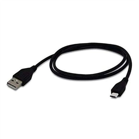 Black USB cable with one end being a standard USB connector and the other an micro USB connector on a white background.