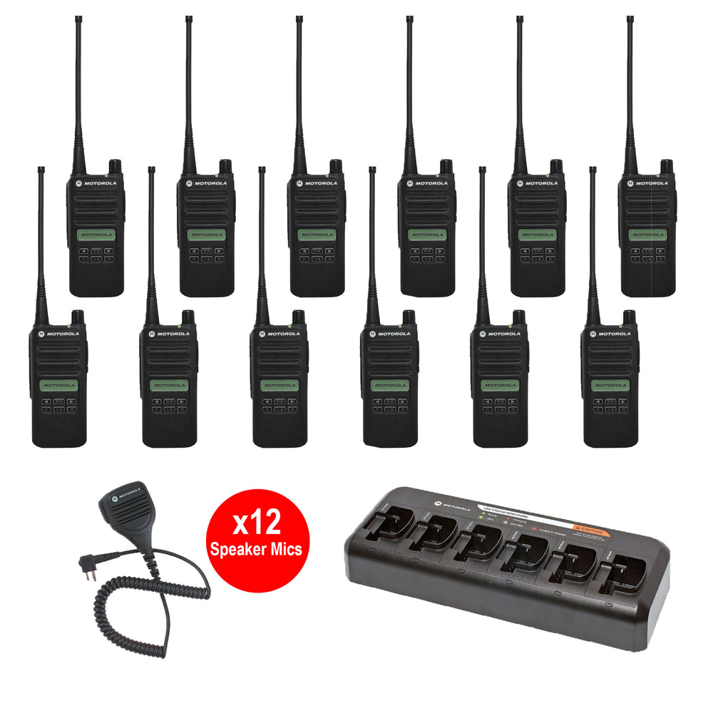 Motorola CP100D Limited-Display Analog 12 Pack Bundle With Multi Unit Chargers And Speaker Microphones