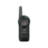 Motorola CURVE - This is an image of a Motorola Curve DLR110 Wi-Fi-Enhanced Business Radio. The device features a compact, sleek design with a prominent circular speaker grill, a green LED indicator, and a Motorola logo below the speaker. The radio is outlined with a green glow, highlighting its modern and user-friendly appearance.