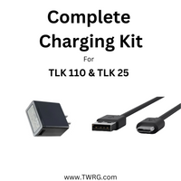 A black charging kit with a USB-C wall charger and a USB-C cable. The text "Complete Charging Kit for TLK 110 & TLK 25" is printed on the front of the charger. 