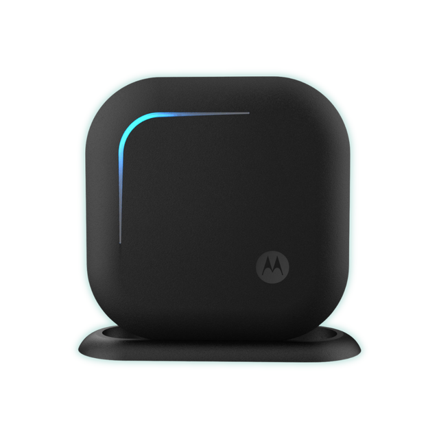 Motorola DH300 Digital Hub for the Motorola CURVE Ecosystem, featuring a sleek black design with a subtle blue accent light on the front. The hub has a compact, modern appearance with rounded edges and the Motorola logo visible on the bottom right.