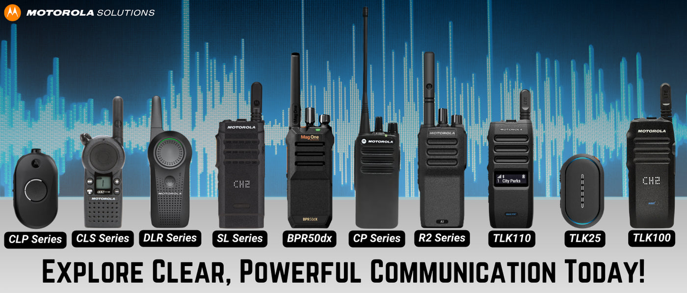 Motorola two-way radios lineup featuring CLP, CLS, DLR Series, SL, BPR50dx, CP100d, R2, TLK25, TLK100, and TLK110 series. Explore business radios designed for clear, powerful communication solutions across industries including retail, hospitality, security, logistics, and transportation. Available from authorized Motorola Solutions reseller, Two Way Radio Gear.