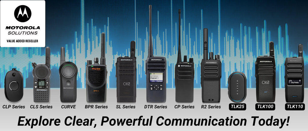 Motorola two-way radios lineup featuring CLP, CLS, CURVE, BPR, SL, DTR, CP, R2, TLK25, TLK100, and TLK110 series. Explore business radios designed for clear, powerful communication solutions across industries including retail, hospitality, security, logistics, and transportation. Available from authorized Motorola Solutions reseller, Two Way Radio Gear.