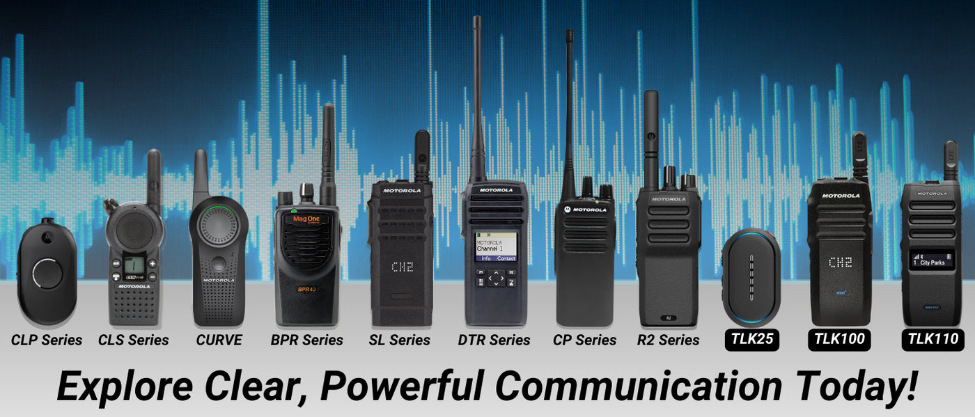 Motorola two-way radios lineup featuring CLP, CLS, CURVE, BPR, SL, DTR, CP, R2, TLK25, TLK100, and TLK110 series. Explore business radios designed for clear, powerful communication solutions across industries including retail, hospitality, security, logistics, and transportation. Available from authorized Motorola Solutions reseller, Two Way Radio Gear.