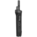 Left side profile of the MOTOTRBO Ion, detailing the large, textured Push-to-Talk (PTT) button and programmable side buttons designed for tactile, glove-friendly use.