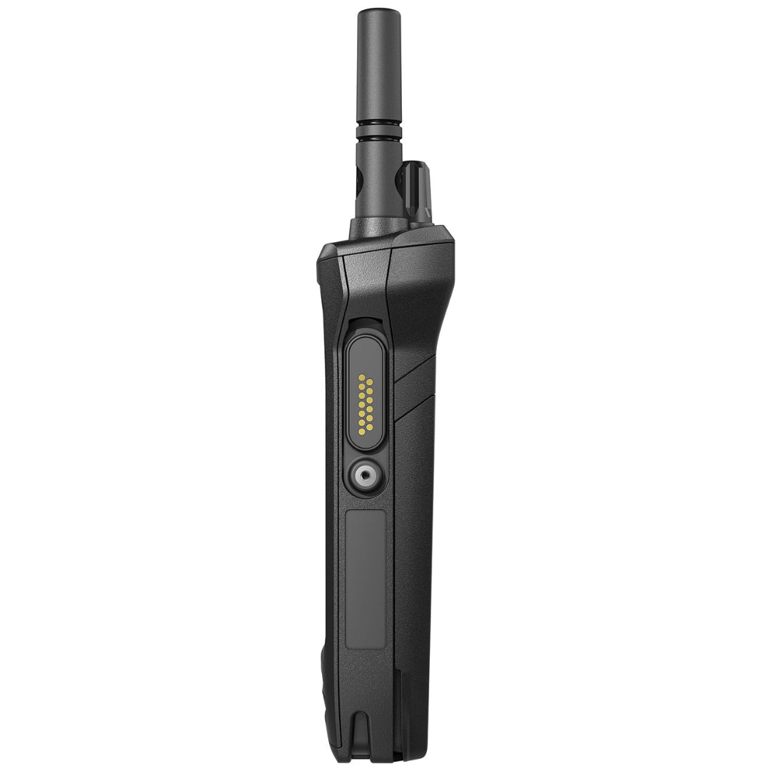 Right side profile of the MOTOTRBO Ion displaying the secure accessory connector for attaching audio earpieces, remote speaker microphones, and other performance-enhancing tools.