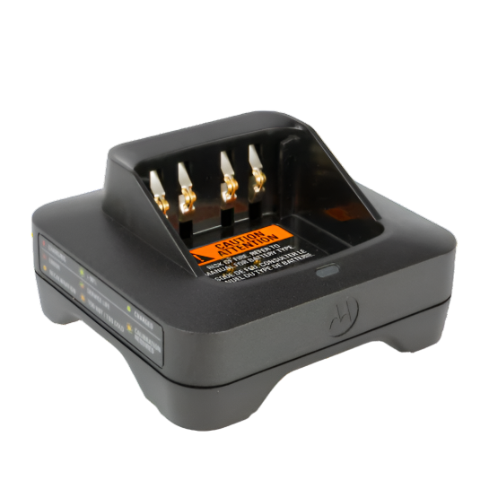 Motorola PMPN4576 IMPRES 2 single‑unit desktop rapid charger, 1/4 front-left view, for MOTOTRBO batteries.