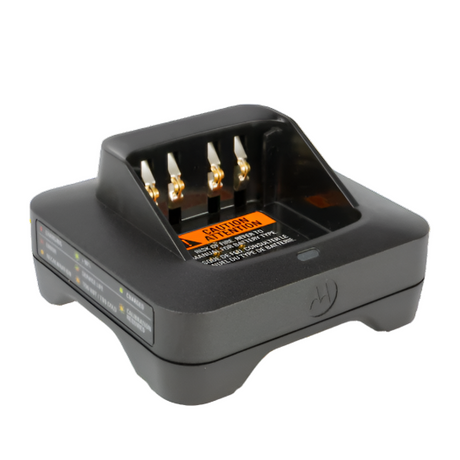 Motorola PMPN4576 IMPRES 2 single‑unit desktop rapid charger, 1/4 front-left view, for MOTOTRBO batteries.