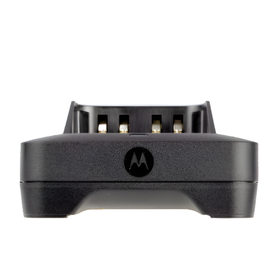 Front view of Motorola PMPN4576 IMPRES 2 single‑unit desktop rapid charger for MOTOTRBO R7 IMPRES and IMPRES 2 batteries.