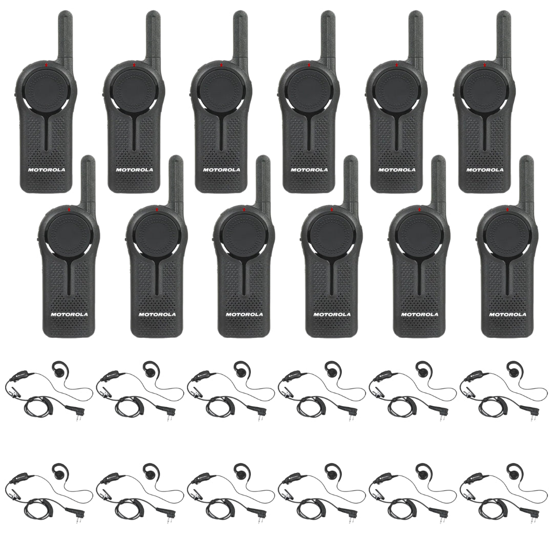 Motorola DLR1020 12 Pack Bundle with Headsets - Includes 12 license-free DLR1020 two-way radios and 12 HKLN4604 earpiece headsets for clear, interference-free communication in professional environments like retail, hospitality, and event management.