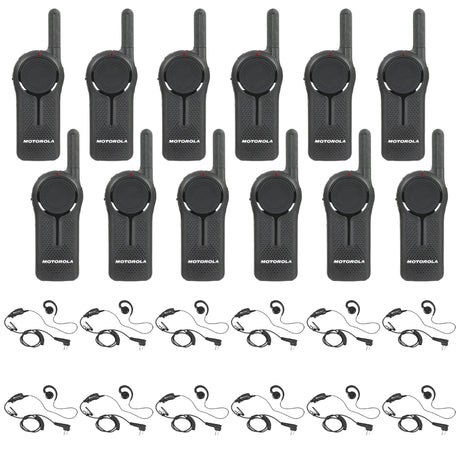 Motorola DLR1020 12 Pack Bundle with Headsets - Includes 12 license-free DLR1020 two-way radios and 12 HKLN4604 earpiece headsets for clear, interference-free communication in professional environments like retail, hospitality, and event management.