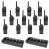 Motorola R2 Radio 12 Pack Bundle with 12 rugged two-way radios and 2 PMLN6588 multi-unit chargers, designed for efficient charging and reliable communication in demanding environments like construction, retail, hospitality, and security.