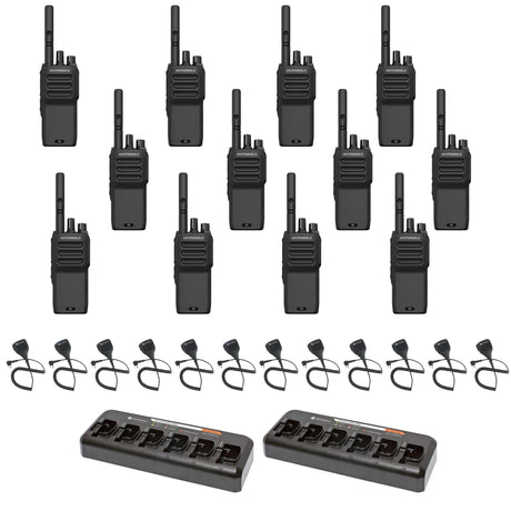 Motorola R2 Radio 12 Pack Bundle featuring 12 rugged R2 radios, 12 PMMN4013A remote speaker microphones for hands-free communication, and 2 multi-unit chargers designed for efficient charging of multiple radios simultaneously. Ideal for industries like construction, retail, hospitality, and security.