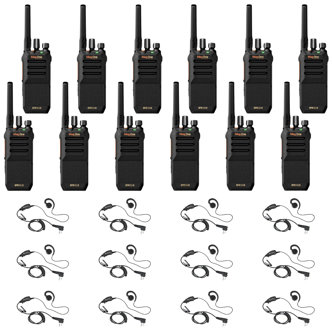 Motorola BPR50DX 12-Pack Bundle with HKLN4604 Headsets – Includes 12 two-way radios and 12 earpiece headsets for clear communication, ideal for businesses and teams.