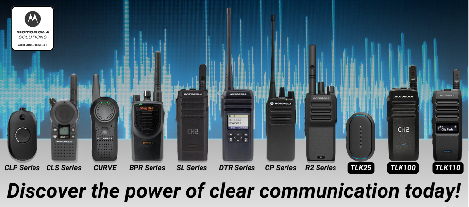 Motorola Solutions two-way radio product lineup including CLP Series, CLS Series, CURVE, BPR Series, SL Series, DTR Series, CP Series, R2 Series, TLK25, TLK100, TLK110, and TLK150 radios displayed with a soundwave background. Ideal for communication solutions in industries like retail, hospitality, security, and logistics.