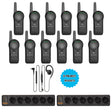 Image of the Motorola CURVE DLR110 12 Pack Bundle with 2 Multi-Unit Chargers and 12 PMLN8311 Headsets, featuring twelve CURVE DLR110 radios, twelve PMLN8311 headsets for hands-free communication, and two PMPN4589 multi-unit chargers, ideal for efficient and seamless communication in retail, hospitality, and event management industries.