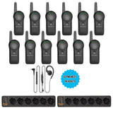 Image of the Motorola CURVE DLR110 12 Pack Bundle with 2 Multi-Unit Chargers and 12 PMLN8311 Headsets, featuring twelve CURVE DLR110 radios, twelve PMLN8311 headsets for hands-free communication, and two PMPN4589 multi-unit chargers, ideal for efficient and seamless communication in retail, hospitality, and event management industries.