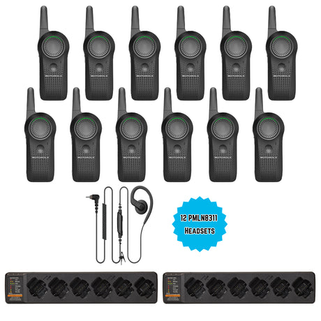 Image of the Motorola CURVE DLR110 12 Pack Bundle with 2 Multi-Unit Chargers and 12 PMLN8311 Headsets, featuring twelve CURVE DLR110 radios, twelve PMLN8311 headsets for hands-free communication, and two PMPN4589 multi-unit chargers, ideal for efficient and seamless communication in retail, hospitality, and event management industries.
